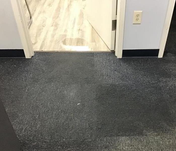 Wet carpet and floor with water damage in commercial office.